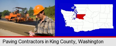 a paving contractor with paving machinery; King County highlighted in red on a map