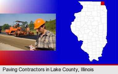 a paving contractor with paving machinery; LaSalle County highlighted in red on a map