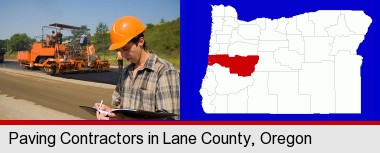 a paving contractor with paving machinery; Lane County highlighted in red on a map