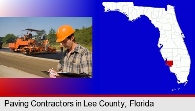 a paving contractor with paving machinery; Lee County highlighted in red on a map