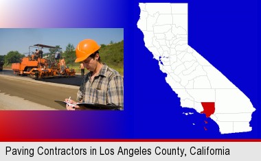 a paving contractor with paving machinery; Los Angeles County highlighted in red on a map
