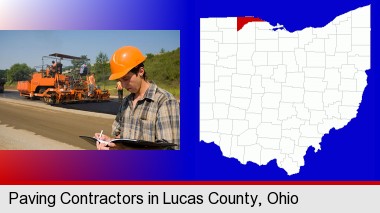 a paving contractor with paving machinery; Lucas County highlighted in red on a map