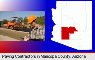 a paving contractor with paving machinery; Maricopa County highlighted in red on a map