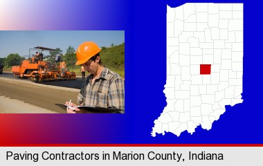 a paving contractor with paving machinery; Marion County highlighted in red on a map