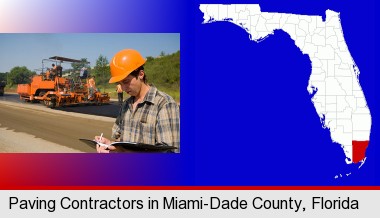 a paving contractor with paving machinery; Miami-Dade County highlighted in red on a map