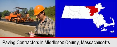 a paving contractor with paving machinery; Middlesex County highlighted in red on a map