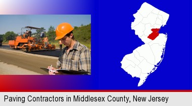 a paving contractor with paving machinery; Middlesex County highlighted in red on a map