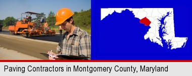 a paving contractor with paving machinery; Montgomery County highlighted in red on a map