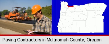 a paving contractor with paving machinery; Multnomah County highlighted in red on a map