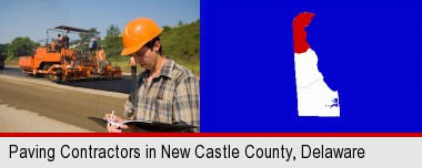 a paving contractor with paving machinery; New Castle County highlighted in red on a map