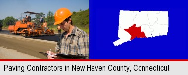 a paving contractor with paving machinery; New Haven County highlighted in red on a map