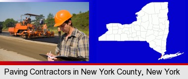 a paving contractor with paving machinery; New York County highlighted in red on a map