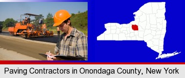 a paving contractor with paving machinery; Onondaga County highlighted in red on a map