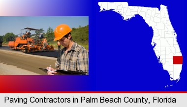 a paving contractor with paving machinery; Palm Beach County highlighted in red on a map