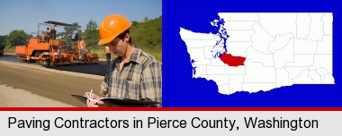 a paving contractor with paving machinery; Pierce County highlighted in red on a map