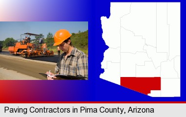 a paving contractor with paving machinery; Pima County highlighted in red on a map