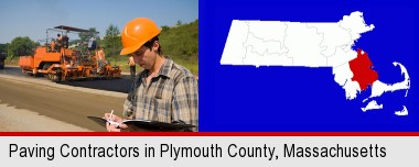 a paving contractor with paving machinery; Plymouth County highlighted in red on a map