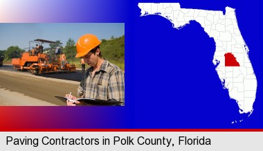 a paving contractor with paving machinery; Polk County highlighted in red on a map