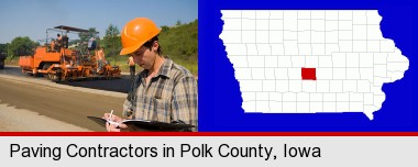 a paving contractor with paving machinery; Polk County highlighted in red on a map