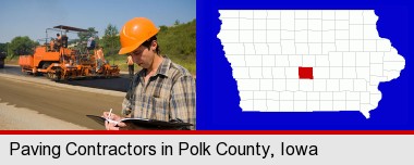 a paving contractor with paving machinery; Polk County highlighted in red on a map