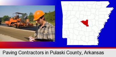 a paving contractor with paving machinery; Pulaski County highlighted in red on a map