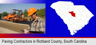 a paving contractor with paving machinery; Richland County highlighted in red on a map