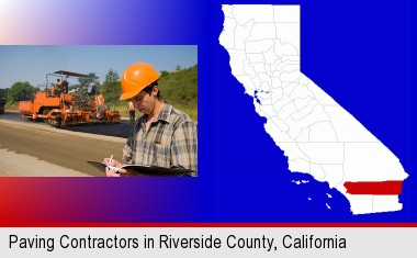 a paving contractor with paving machinery; Riverside County highlighted in red on a map