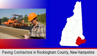 a paving contractor with paving machinery; Rockingham County highlighted in red on a map