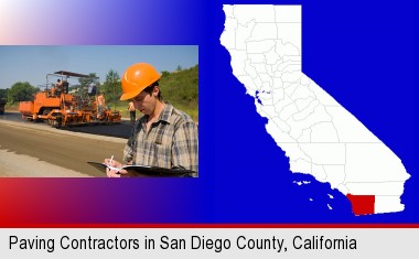 a paving contractor with paving machinery; San Diego County highlighted in red on a map