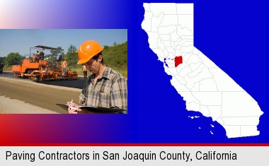 a paving contractor with paving machinery; San Joaquin County highlighted in red on a map