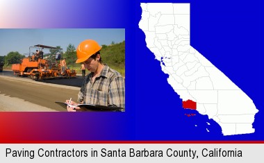 a paving contractor with paving machinery; Santa Barbara County highlighted in red on a map