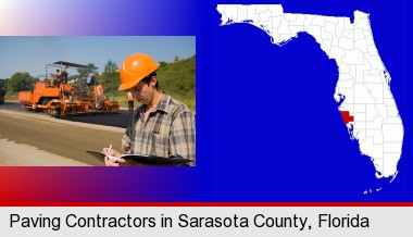 a paving contractor with paving machinery; Sarasota County highlighted in red on a map