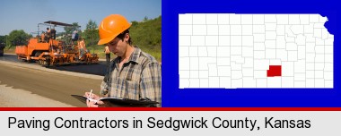 a paving contractor with paving machinery; Sedgwick County highlighted in red on a map