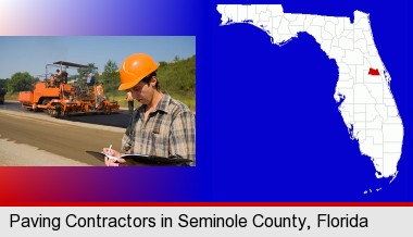 a paving contractor with paving machinery; Seminole County highlighted in red on a map