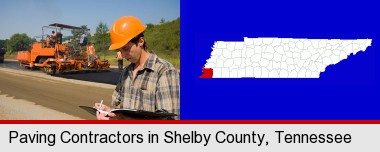 a paving contractor with paving machinery; Shelby County highlighted in red on a map