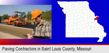 a paving contractor with paving machinery; St Francois County highlighted in red on a map
