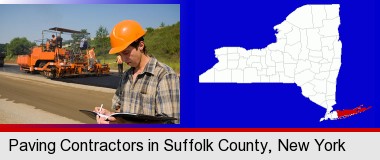 a paving contractor with paving machinery; Suffolk County highlighted in red on a map
