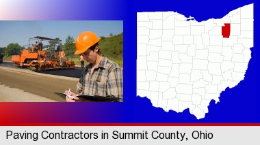 a paving contractor with paving machinery; Summit County highlighted in red on a map