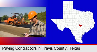 a paving contractor with paving machinery; Travis County highlighted in red on a map