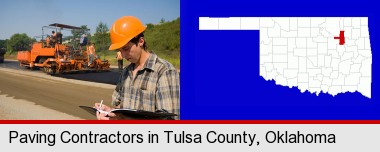 a paving contractor with paving machinery; Tulsa County highlighted in red on a map