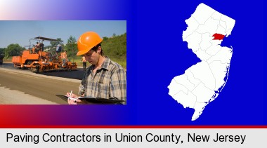 a paving contractor with paving machinery; Union County highlighted in red on a map