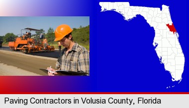 a paving contractor with paving machinery; Volusia County highlighted in red on a map