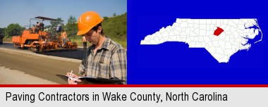 a paving contractor with paving machinery; Wake County highlighted in red on a map