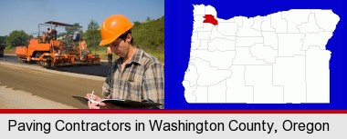 a paving contractor with paving machinery; Washington County highlighted in red on a map