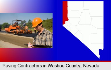 a paving contractor with paving machinery; Washoe County highlighted in red on a map