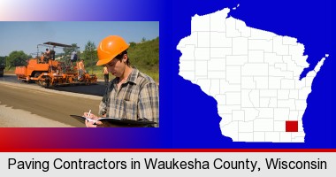 a paving contractor with paving machinery; Waukesha County highlighted in red on a map