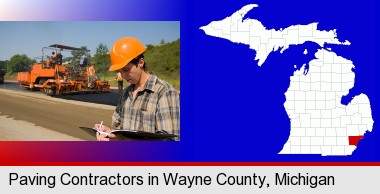 a paving contractor with paving machinery; Wayne County highlighted in red on a map