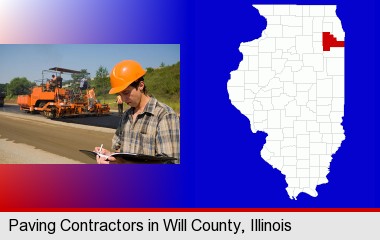 a paving contractor with paving machinery; Will County highlighted in red on a map